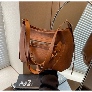 Brown litchi grain PU leather hobo bag with gold chain and adjustable shoulder strap