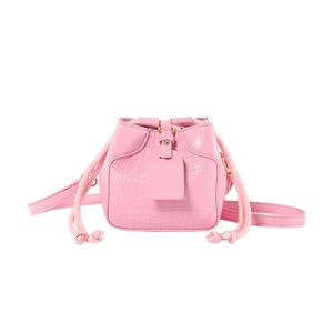 Pink faux leather bucket bag with crocodile pattern and drawstring closure