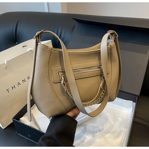 Chic beige lychee grain PU leather crossbody bag with golden chain and zip pocket