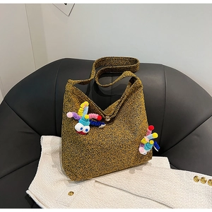 Funny Monster Eyes Tweed Tote Bag Large Capacity Ginger Yellow Knitted Shoulder Bag With Artificial Pearl Snap Button For Women Daily Fashion