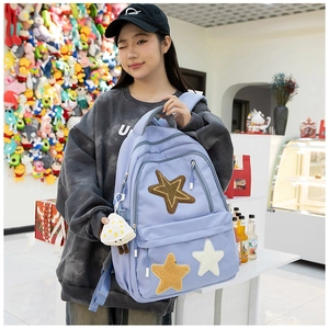 Detail shot of light blue canvas backpack featuring three plush star patches and cute pendant