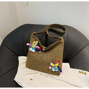 Winter yellow knit crossbody tote bag with colorful monster charms and pearl buckle