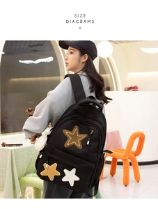 Detail of black canvas backpack featuring embroidered stars and side zipper pockets