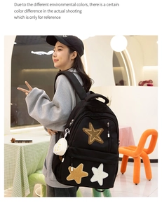 Detail of black canvas backpack featuring star patches and white fluffy cloud charm