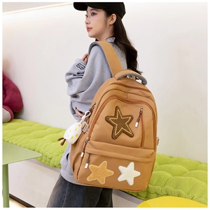Detail view of caramel canvas backpack with star patches and cute fried egg charm accessory