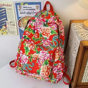 Mochila de Nailon de Estilo Étnico Retro para Mujer Estampado Floral de Peonía y Fénix de Gran Capacidad Bolso de Hombro Casual de Viaje