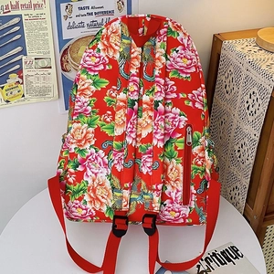 Mochila de nailon roja con bordado tradicional de fénix y peonía con correas ajustables