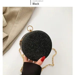 Borsa da Sera Rotonda da Donna in Pelle PU con Paillettes e Glitter Tracolla a Catena in Metallo Manico ad Anello Pochette Party