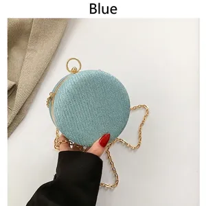 Borsa rotonda blu in PU intrecciato con catena dorata e manico ad anello per moda invernale