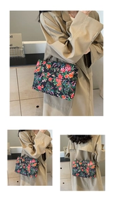 Detailed views of floral canvas shoulder bag with ethnic print and metal chain strap