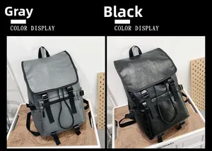 Sacs à dos en cuir PU gris et noir avec rabats à deux boucles et cordons de serrage
