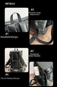 Détails du sac à dos en PU noir avec poches latérales et sangle pour bagage valise