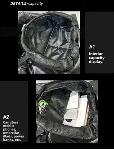Vue détaillée de l'intérieur du sac à dos en cuir PU noir avec accessoires de rangement