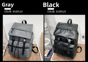 Front view showing two minimalist PU leather backpacks in grey and black with buckle closure