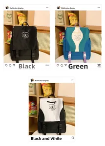 Detailed view of canvas backpacks in black, green and monochrome with UFO prints