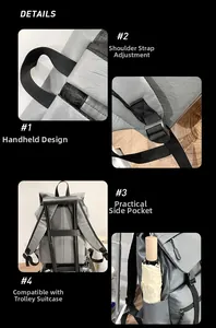 Detail view of grey PU leather backpack showing top handle, straps and suitcase sleeve