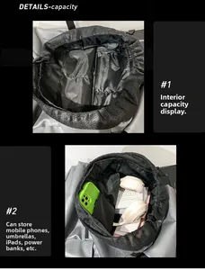Detail showing high-capacity interior of dark grey PU backpack with gadgets and books