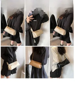 Model display of fashion PU crossbody bags in beige, khaki and black matte finishes