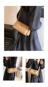 Detailed macro view of beige PU leather shoulder bag with embossed brand logo on the side