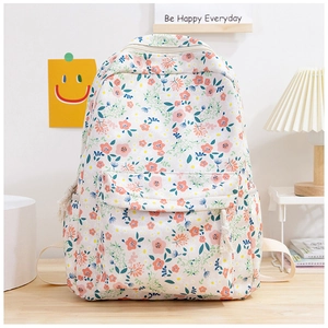 Sac à dos en toile pour femme avec motifs floraux bleus et roses sur fond beige