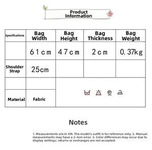 Detailed size chart showing dimensions and fabric specs for this fashion tote bag