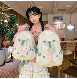 Detail of multi-pocket canvas backpack with cute cartoon patches and plush star charms