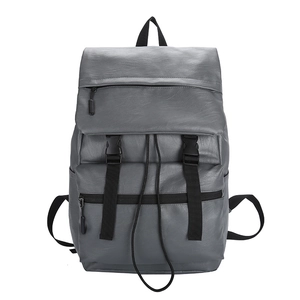 Minimalist grey PU leather backpack with flap cover and black buckle straps for men and women