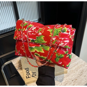 Vintage Peony Floral Print Canvas Shoulder Bag For Women Fashion Chain Strap Crossbody Bag Ethnic Style Satchel Handbag