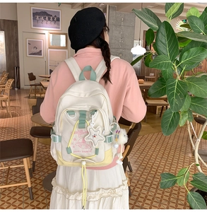 Detailed view of fashionable nylon backpack with colorful stitching and star charm pendant
