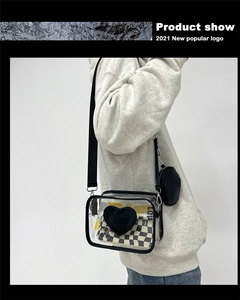 Détail d'un sac à bandoulière en PVC transparent avec bordure en cuir noir et petit porte-monnaie