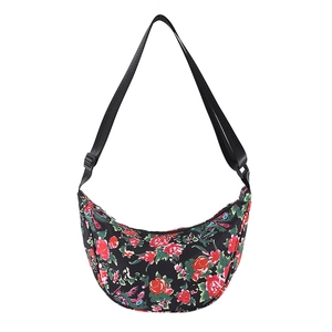 Minimalist nylon crescent crossbody bag with red rose floral pattern and adjustable strap