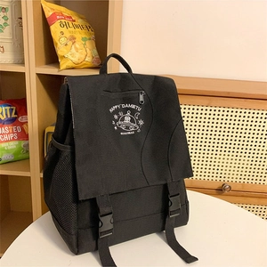 Fashionable black nylon backpack with UFO illustration and front buckle straps for women