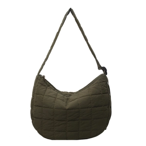 Army green quilted nylon hobo bag with adjustable strap and minimalist crescent design
