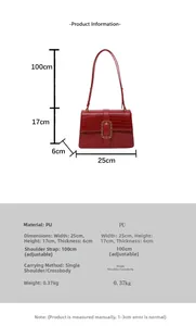 Detail showing red crocodile embossed PU leather bag with dimensions 25x17x6cm