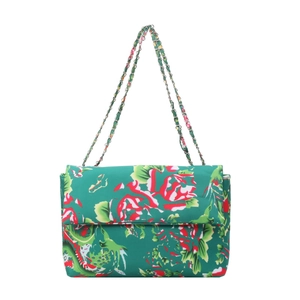 Green floral canvas crossbody bag with rose patterns and metal chain strap design