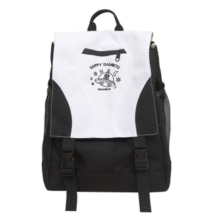 Fashionable black and white nylon backpack with cartoon UFO print and buckle straps