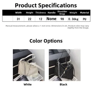 Detailed view of white and black PU leather bags with metal chains and size measurements