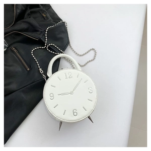 Novelty Women Clock Shaped Round Shoulder Bag PU Leather Handbag With Silver Chain Strap Retro Design Fashion Crossbody Bag