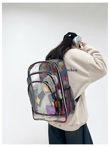 Transparenter PVC Rucksack für Schule und Alltag mit buntem Graffiti Besatz und Design.