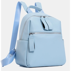 Stylish light blue PU leather backpack for women with front zipper pocket and side pockets