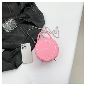 Pink creative alarm clock shaped PU crossbody bag with metal chain strap and top handle