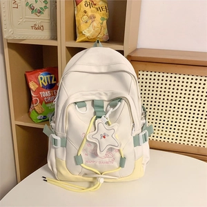 Women Nylon Backpack Cartoon UFO Embroidered Star Print Patchwork School Bag With Plush Charm Large Capacity Travel Backpack