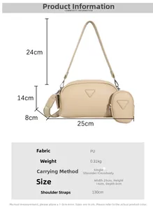 Detail view of a beige PU shoulder bag featuring a triangle logo and adjustable strap