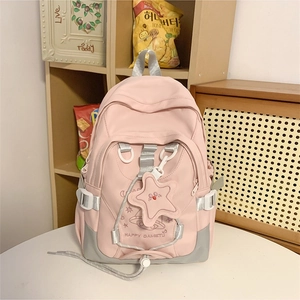 Stylish pink nylon backpack with cute star charm and embroidery for student casual use