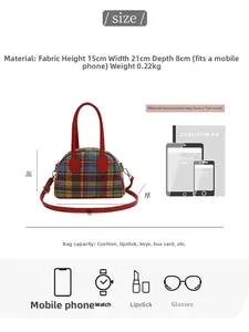 Size chart for colorful checkered fabric handbag with dimensions 21x15x8cm and capacity guide