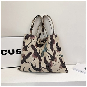 Fashionable canvas tote bag with oriental crane print for daily use in large capacity