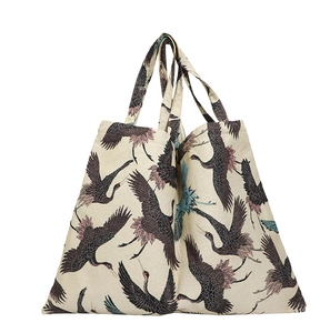 Minimalist beige crane print jacquard tote bag with stylish webbing dual handles