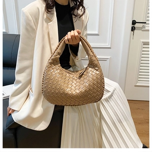 Detailed view of khaki woven PU leather Hobo handbag with intricate braided texture