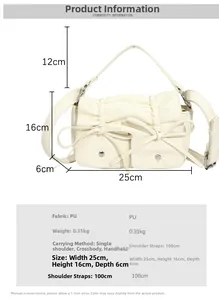Detailed size chart for the cream white PU leather handbag with bow and strap details