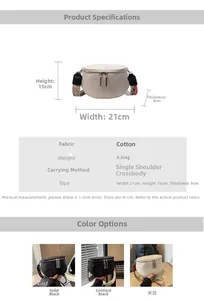 Vue détaillée du sac bandoulière en tissu demi-lune avec dimensions et coloris
